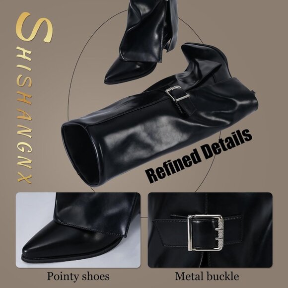 Women's Burgundy Fold Over Pointed Toe Kitten Heels Wide Calf Minimalist Boots - Picture 4 of 5